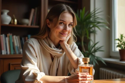 Femme élégante tenant un parfum de luxe dans un intérieur parisien