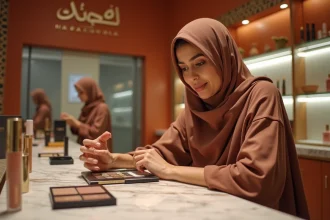 Femme marocaine comparant des produits de maquillage haut de gamme et pas chers dans une boutique de cosmétiques à Casablanca