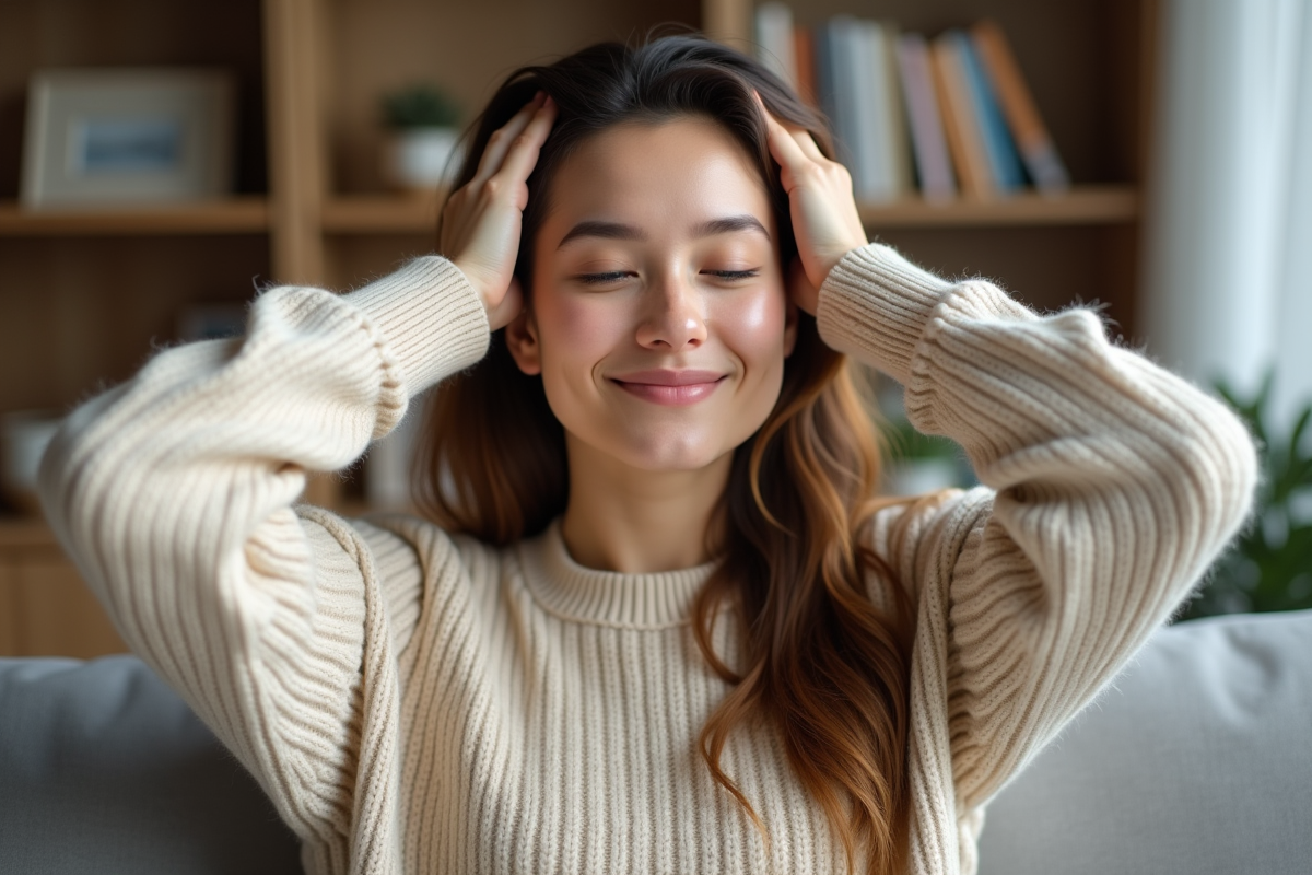 Femme se massant le cuir chevelu dans un salon moderne