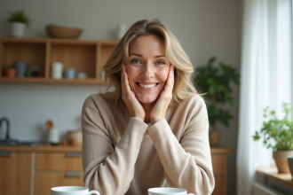 Femme en matinée se massant le visage dans une cuisine lumineuse