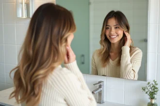 Femme regardant son reflet dans un miroir de salle de bain