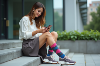 Femme tendance assise sur un escalier urbain vérifiant son téléphone