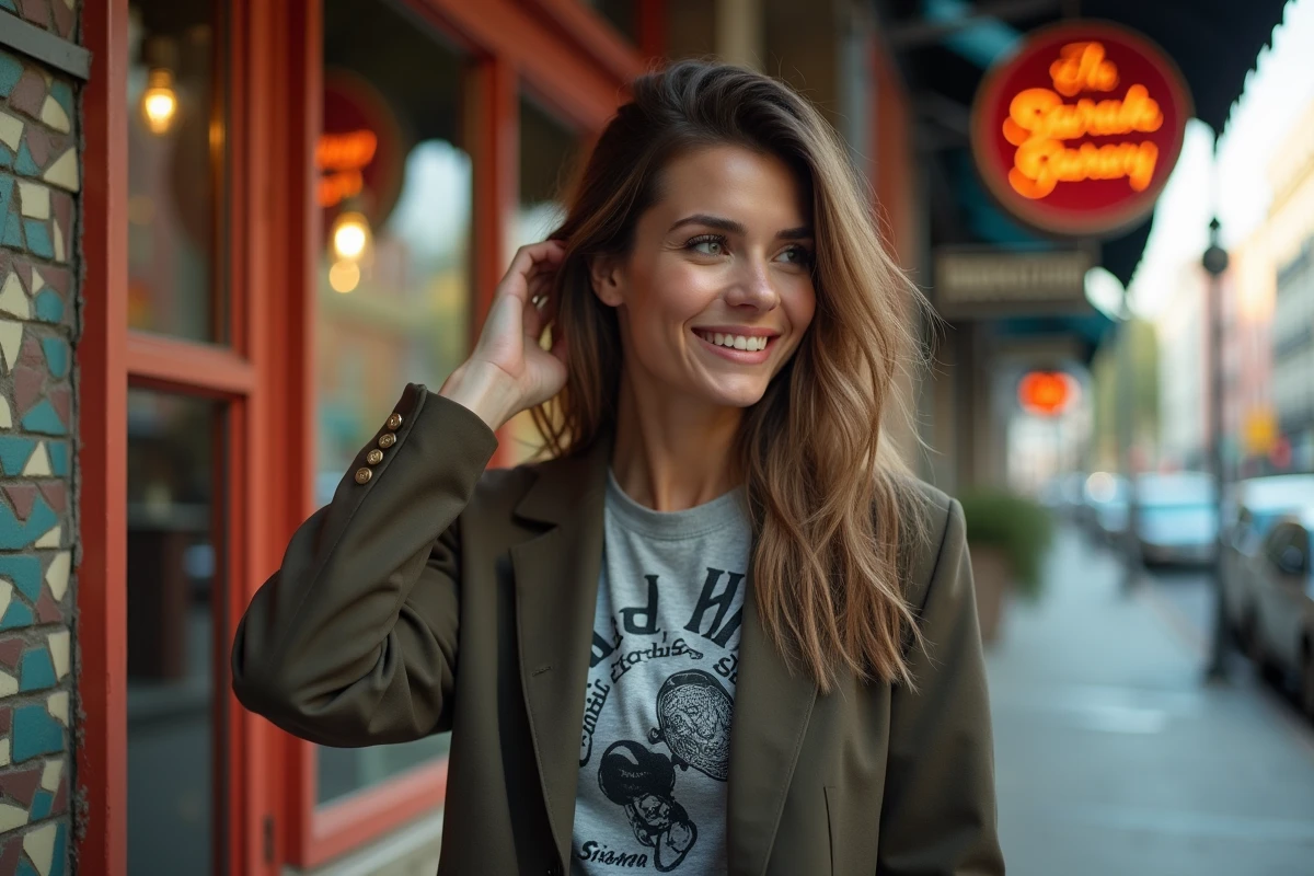 Femme confiante avec coupe mullet devant barbershop urbain