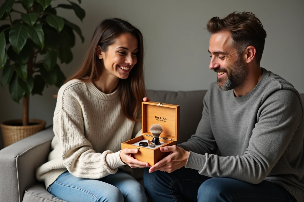 Femme souriante offre un coffret rasage à un homme dans un salon cosy