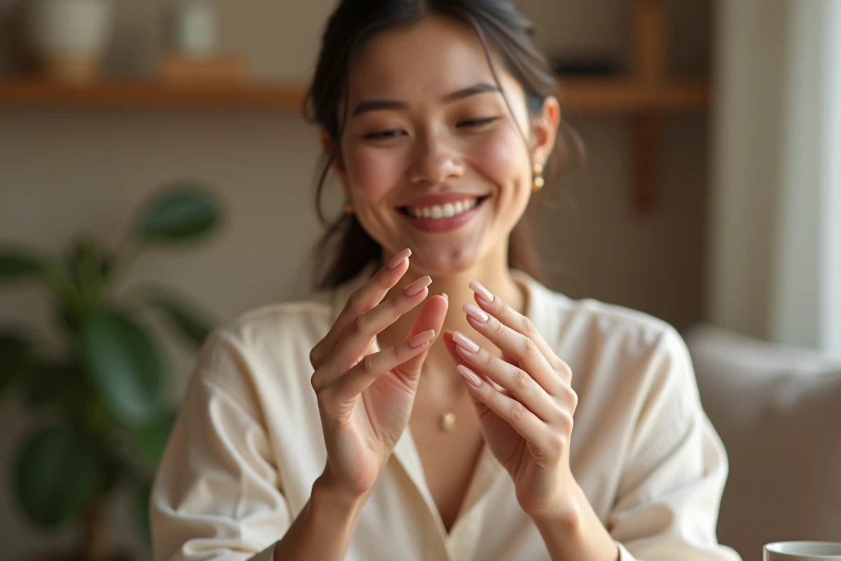 Jeune femme admirant ses ongles en gel pincés avec une courbe en C prononcée dans une ambiance cosy à la maison