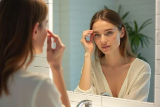 Femme dans la trentaine examinant ses premières rides au coin de l'œil devant un miroir de salle de bain