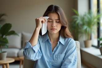 Jeune femme en blouse bleue se retenant le front