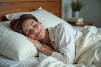 Femme d'âge moyen en pyjamas coton détendue dans son lit