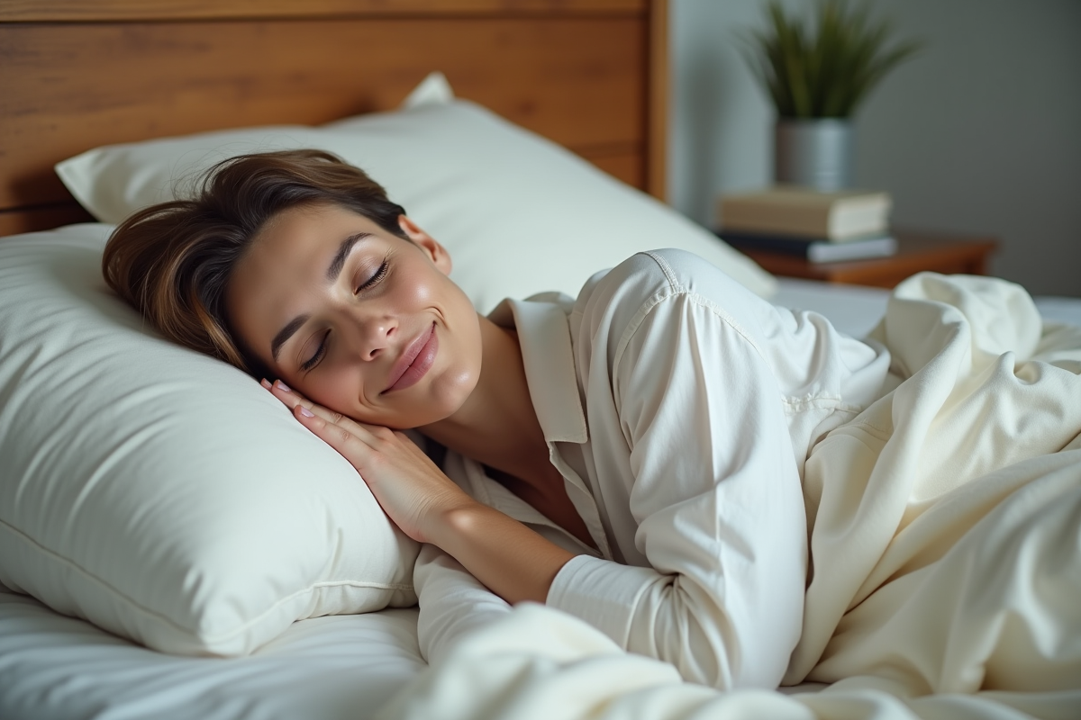 Femme d'âge moyen en pyjamas coton détendue dans son lit