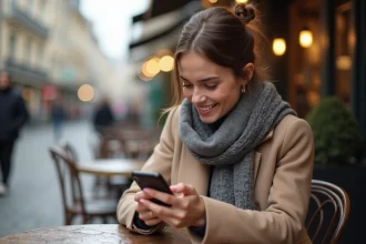 Jeune femme réservant une beauté à Paris en terrasse