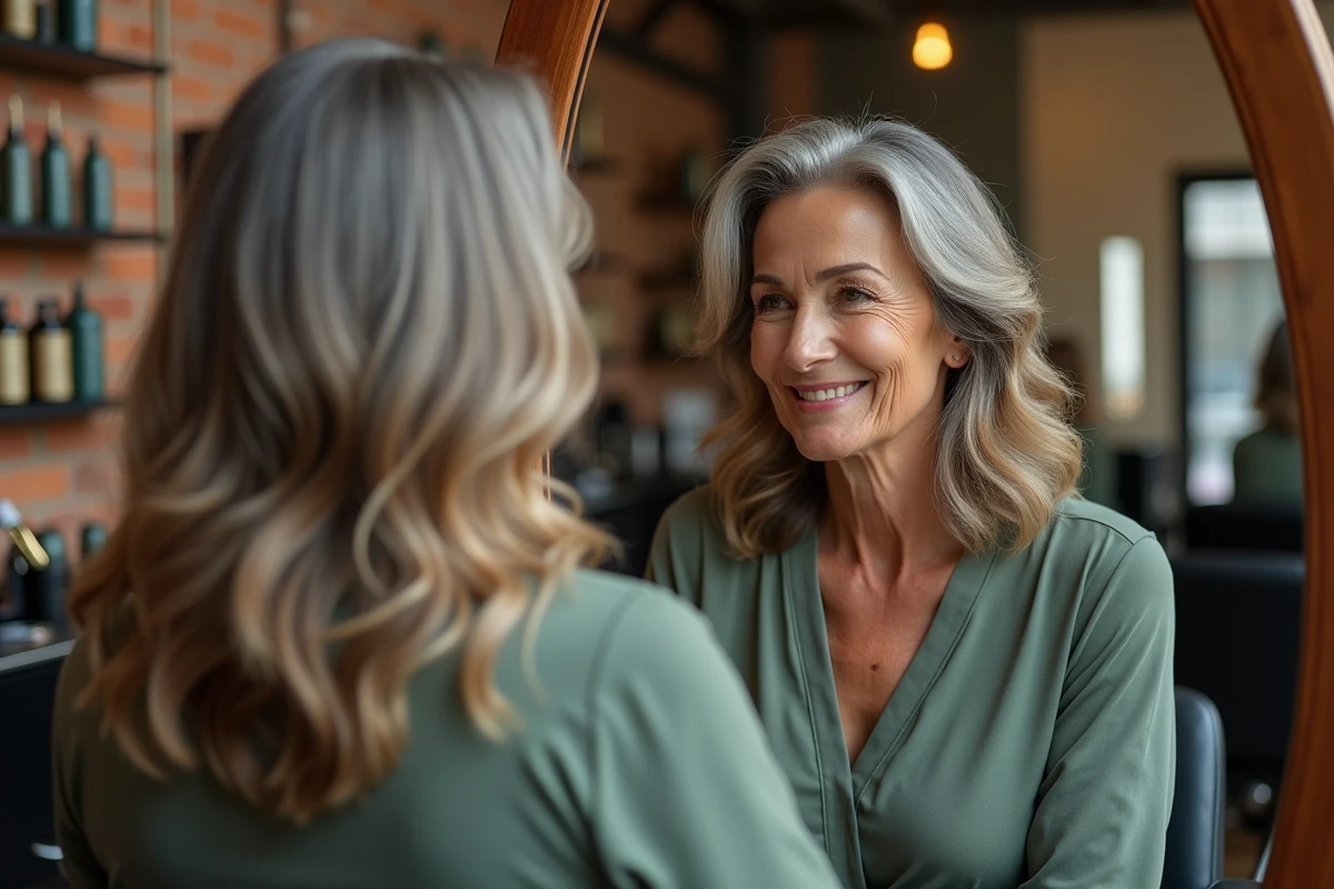 Femme de 50 ans admirant son balayage terminé dans un miroir de salon, cheveux blancs harmonieusement fondus