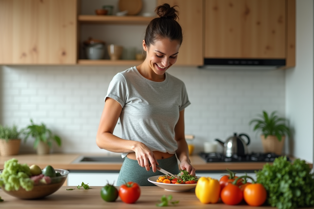Femme en cuisine préparant une salade colorée
