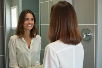 Femme souriante admire ses cheveux lisses dans un miroir moderne