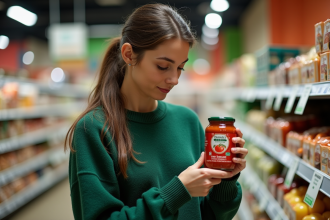Femme examinant une sauce tomate bio en supermarche