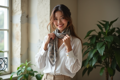 Femme élégante portant un foulard en soie dans un appartement parisien