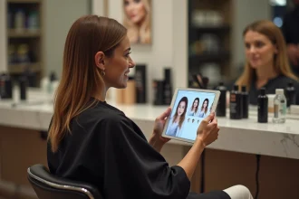 Femme en salon de coiffure utilisant un simulateur de coupe de cheveux sur tablette pour visualiser sa future coiffure