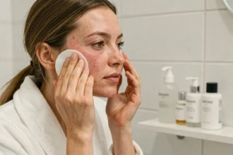Femme adulte appliquant un soin visage Eau Précieuse sur une peau sensible et acnéique devant un miroir de salle de bain