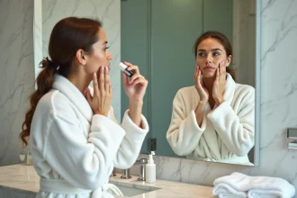 Femme en peignoir blanc appliquant un serum visage