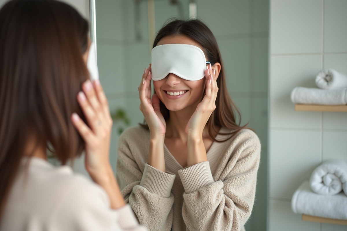 Femme appliquant un masque pour les yeux à la maison