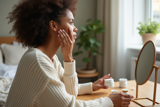 Femme appliquant crème visage naturelle dans un cadre apaisant
