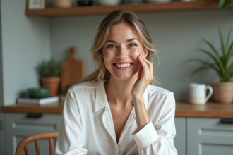 Femme souriante en cuisine portant une blouse blanche