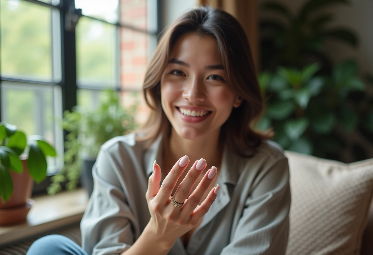 Jeune femme souriante admirant ses ongles en porcelaine