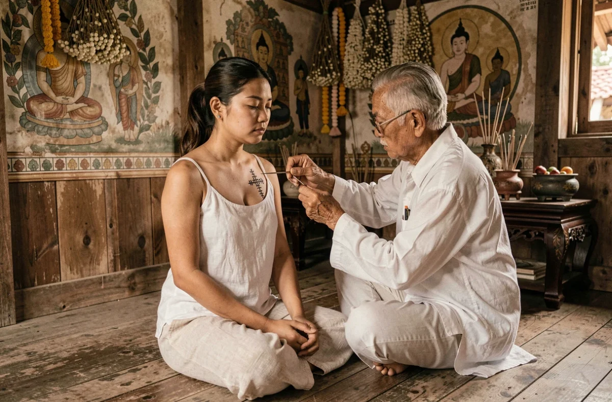 Femme occidentale recevant un tatouage bouddhiste Sak Yant traditionnel d'un maître Ajarn dans un temple en bois en Thaïlande rurale