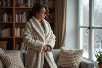 Femme en robe d'hiver douillette près d'une fenêtre frosted