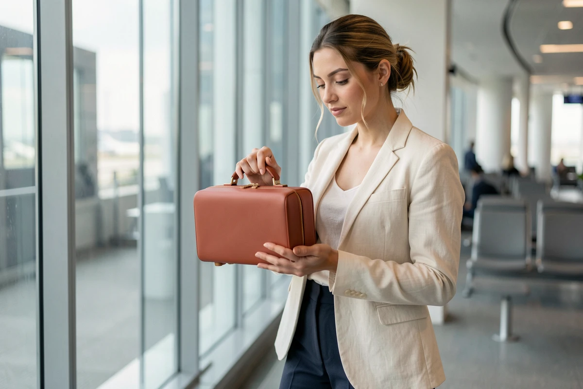 Femme voyageuse tenant une case vanity terracotta tendance 2026 dans un salon d'aéroport moderne avec grande baie vitrée