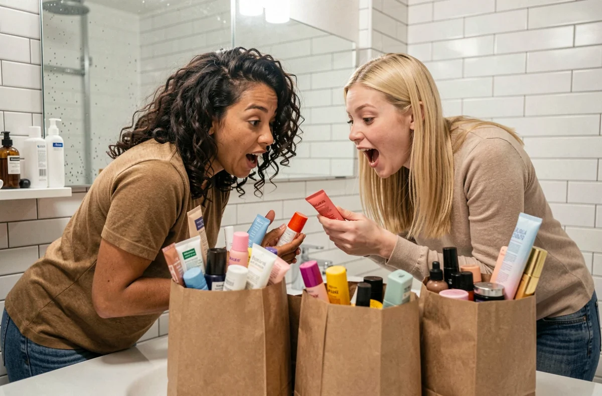 Deux femmes comparant leurs achats de maquillage pas cher dans une salle de bain avec des produits de beauté abordables