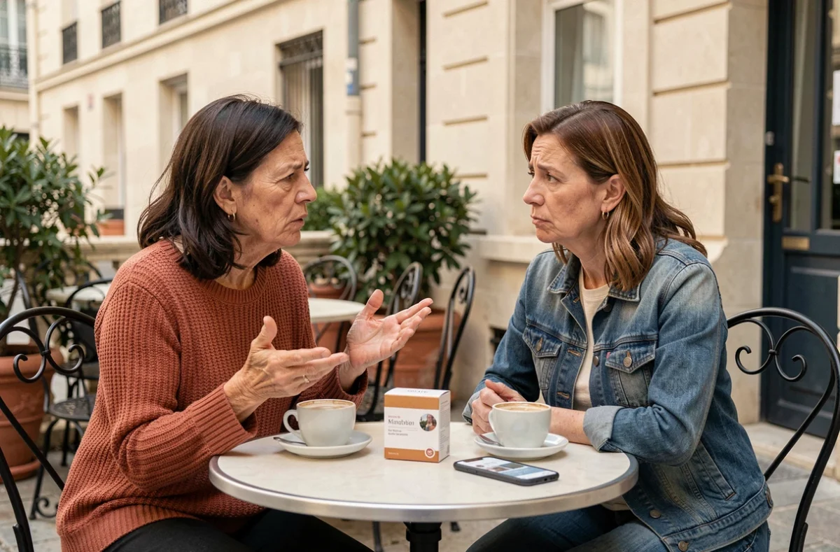 Deux femmes discutant d'un produit de soin de peau en terrasse de café avec une expression de déception visible