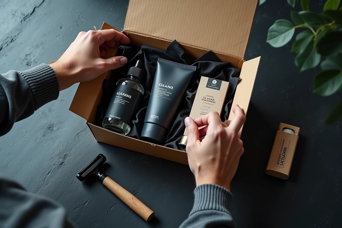 Flat-lay détaillé d'une box beauté mensuelle pour homme avec produits de soin disposés sur une surface en ardoise sombre