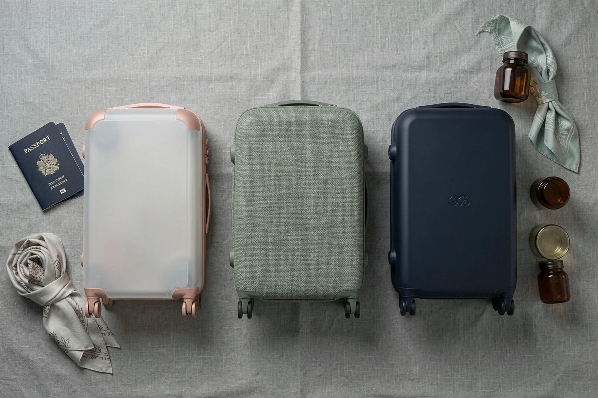 Flat-lay de trois cases vanity tendance 2026 aux matières et coloris différents posées sur lin gris avec accessoires de voyage modernes