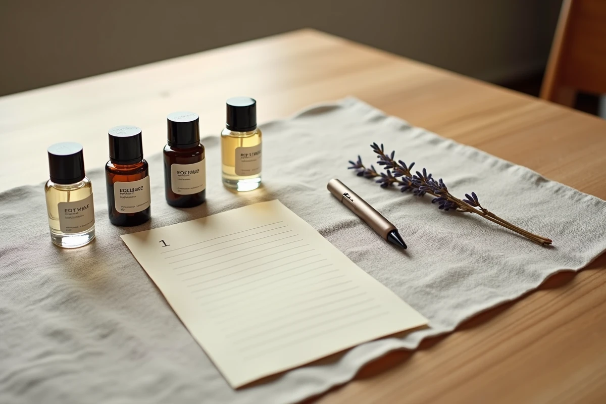 Flat lay de flacons de parfum dupe Adopt avec une liste manuscrite et des brindilles de lavande sur un tissu en lin naturel