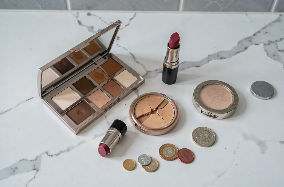Flat lay de produits de maquillage économiques disposés sur un marbre blanc avec des pièces de monnaie symbolisant le petit budget
