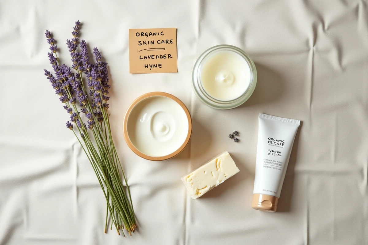 Flat lay de produits de soin bio La Provençale avec note Yuka et accessoires naturels sur lin