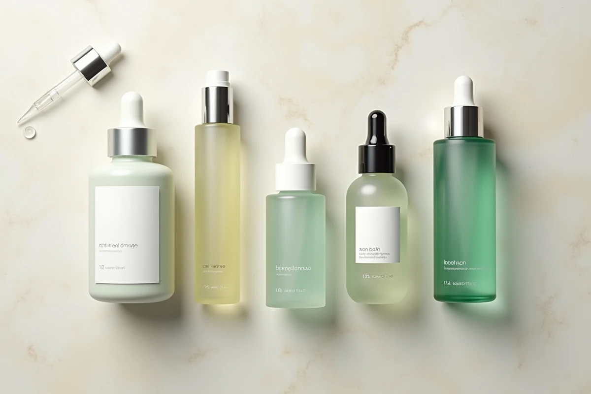 Flatlay de plusieurs flacons d'essences cosmétiques entre sérum et lotion sur une surface en pierre naturelle