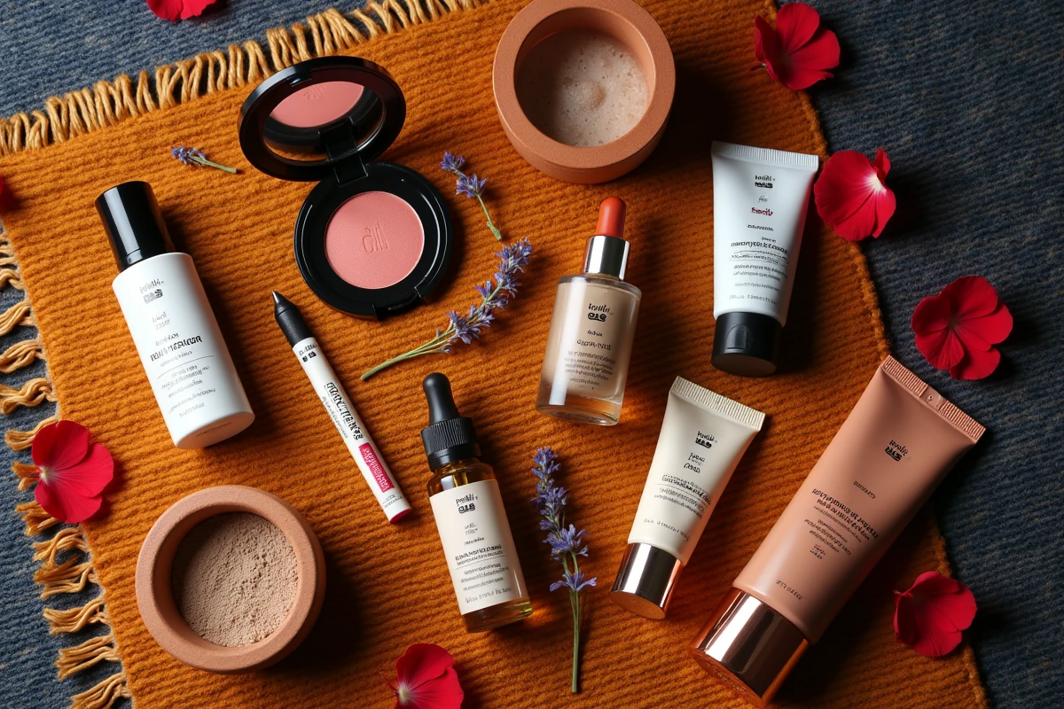 Flatlay de produits de maquillage haut de gamme et abordables sur un tapis marocain traditionnel avec des ingrédients naturels