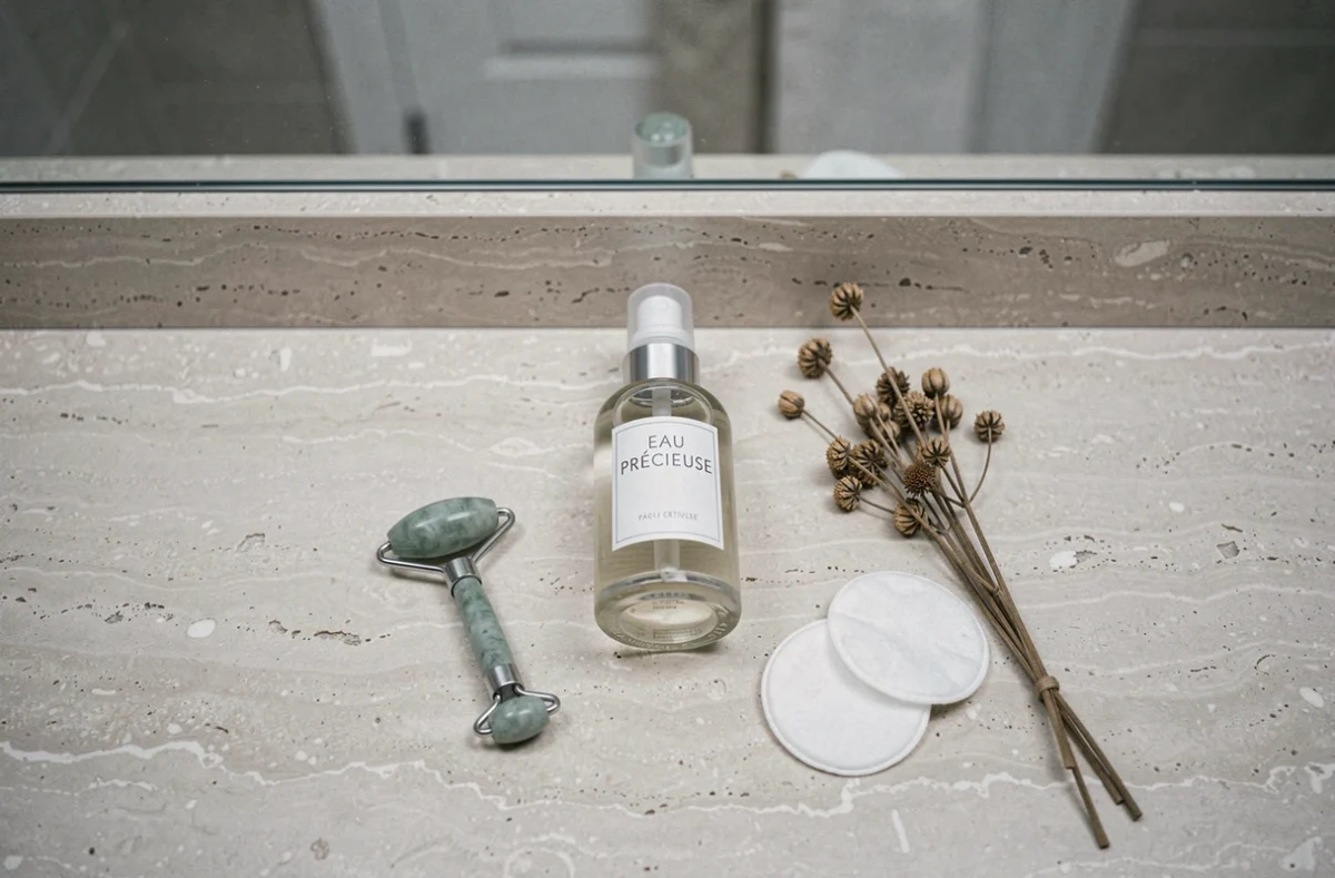 Plat posé de produits de soin Eau Précieuse pour peau sensible et acnéique sur un comptoir en pierre de salle de bain