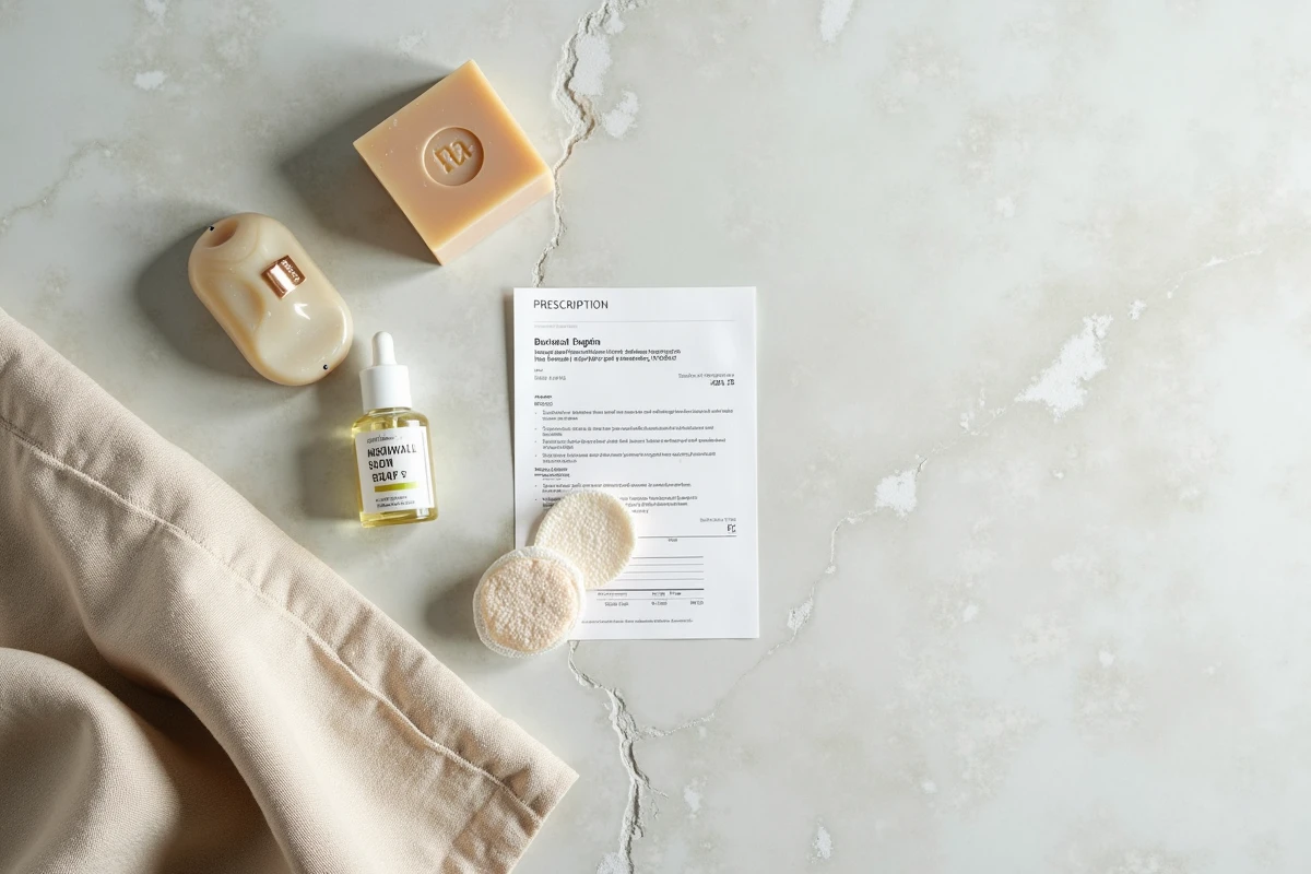 Flat lay de savon surgras, gel dermatologique et sérum pour routine soin peau acnéique