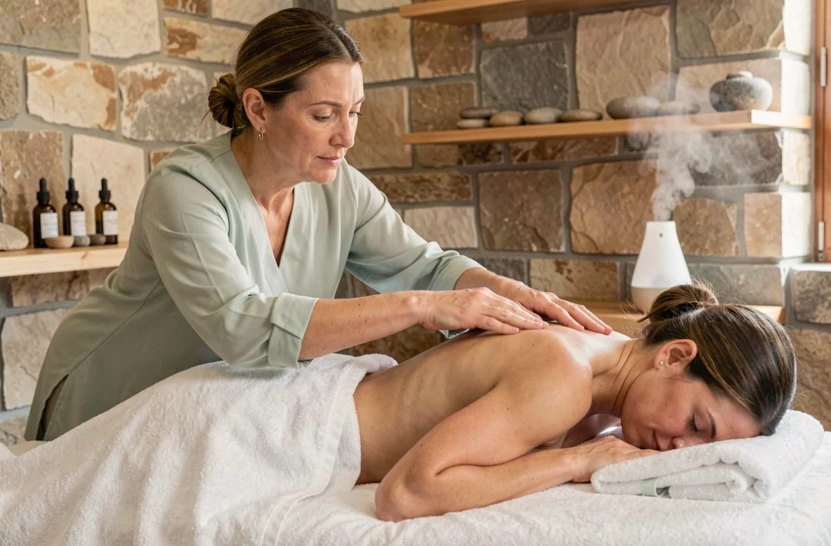 Thérapeute réalisant un massage bien-être sur une cliente dans un institut spécialisé, ambiance apaisante