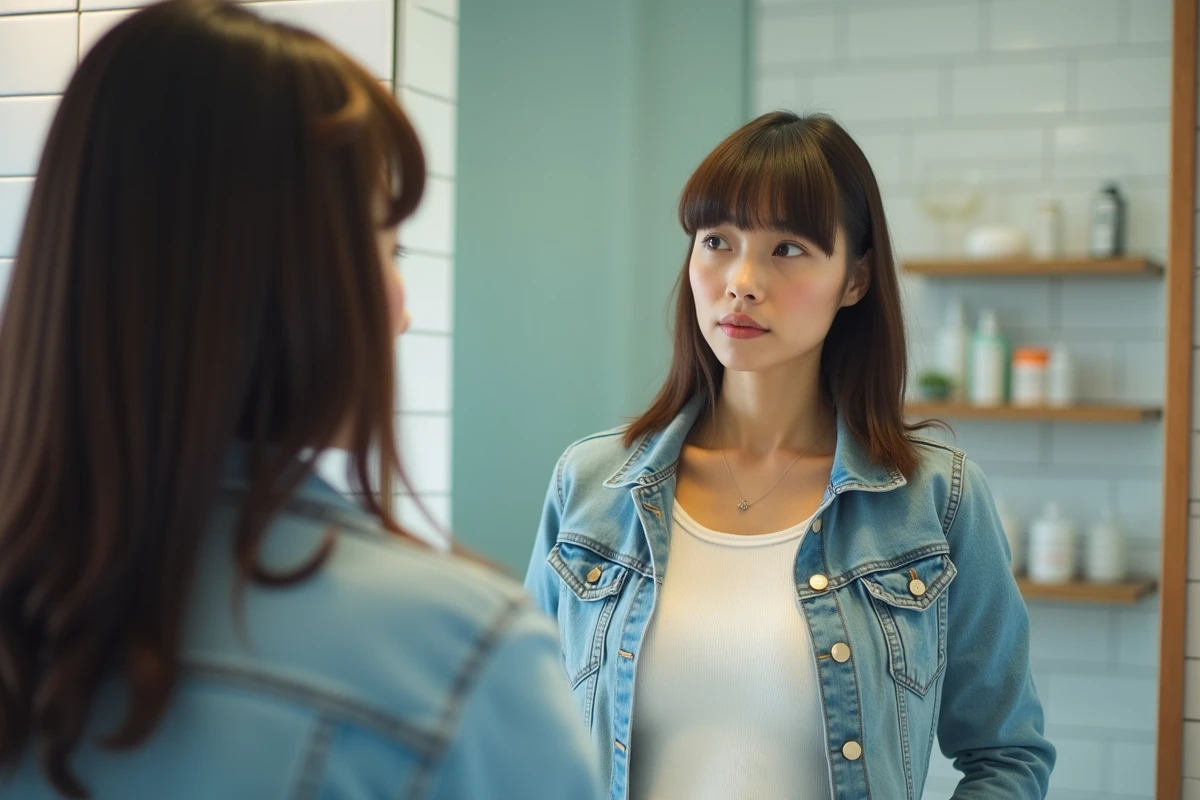 Femme avec frange droite et visage rond devant un miroir de salle de bain, coiffure facile à entretenir