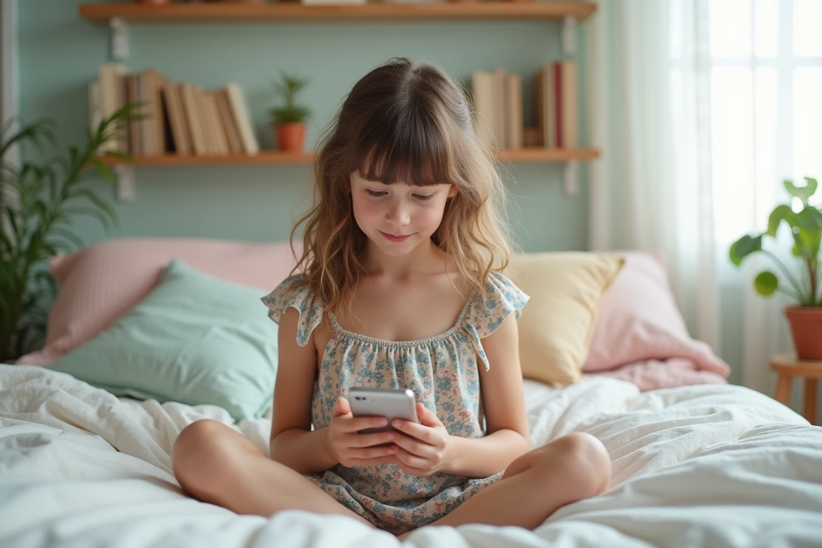 Jeune femme avec frange ondulée et visage rond assise sur un lit, coiffure simple et moderne
