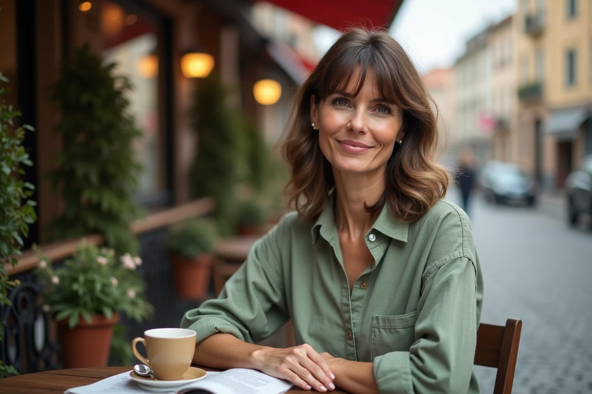 Femme avec frange rideau et visage rond attablée en terrasse de café, style coiffure quotidienne
