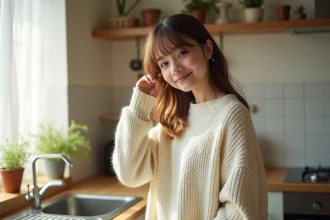 Femme aux cheveux frangés et visage rond dans une cuisine chaleureuse, coiffure décontractée et naturelle