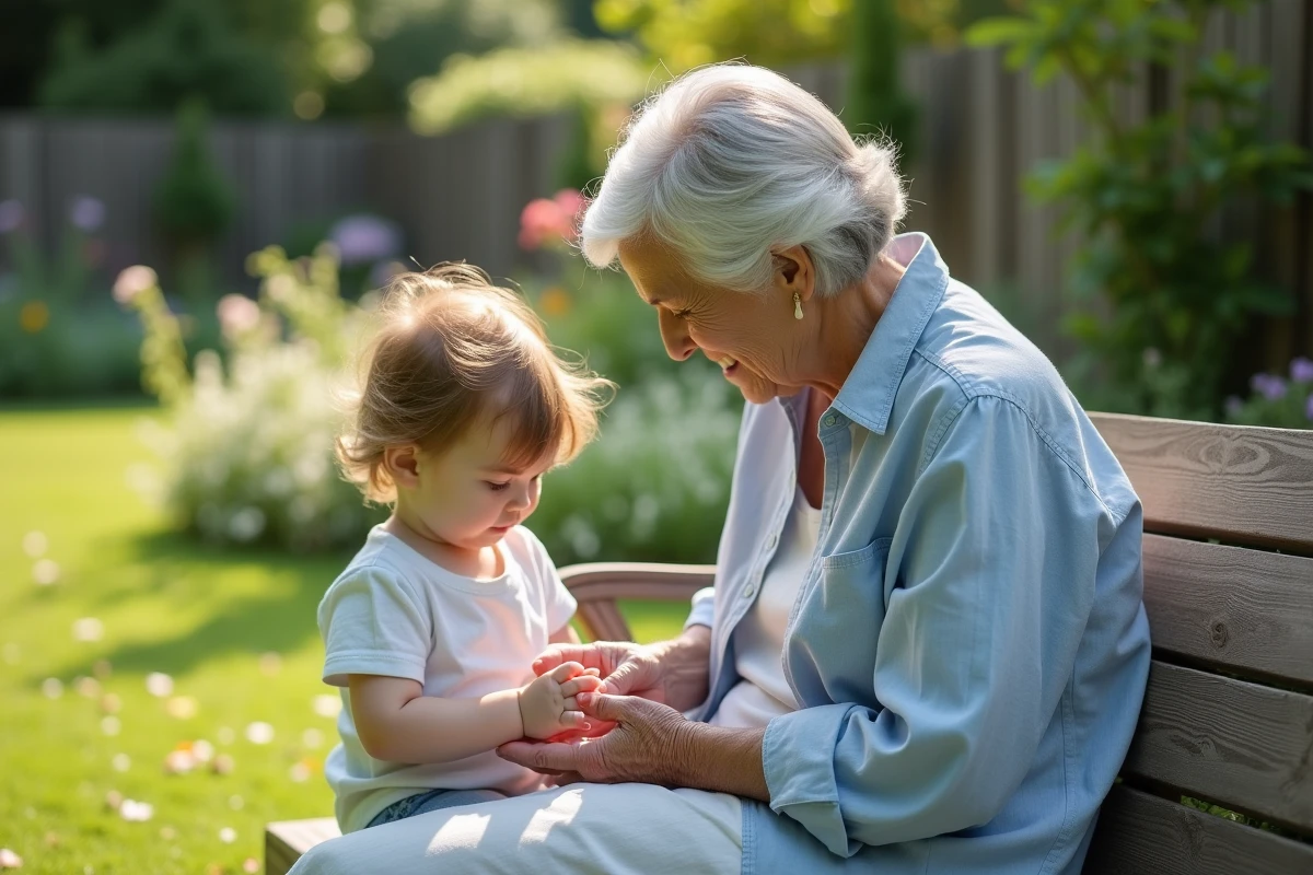 Grand-mère appliquant de la crème hydratante Biolane sur les mains d'un bambin dans un jardin verdoyant