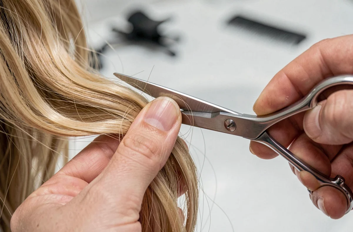 Gros plan sur des ciseaux coupant les pointes de cheveux blonds ondulés tenu entre les doigts