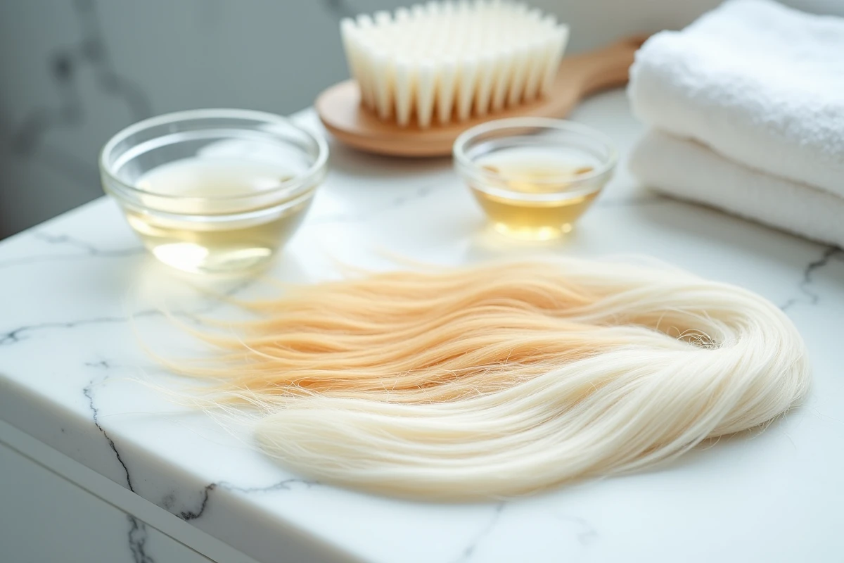 Gros plan sur des mèches de cheveux blancs décolorées par la bétadine posées sur une surface blanche avec des produits de soin capillaire