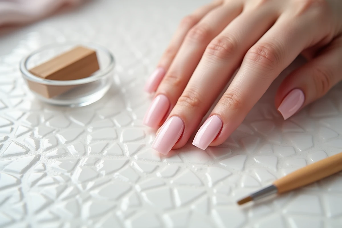 Gros plan sur des ongles en porcelaine finalisés aux reflets naturels roses, posés sur une surface en céramique blanche avec des outils de manucure