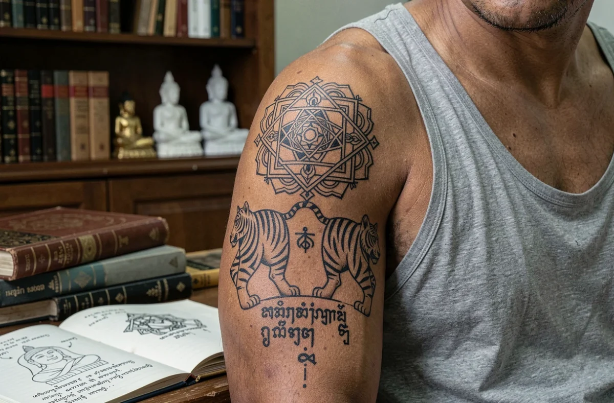 Gros plan d'un tatouage bouddhiste Sak Yant avec script Khmer et diagramme Yantra sur le bras d'un homme, accompagné de livres sur le symbolisme bouddhiste